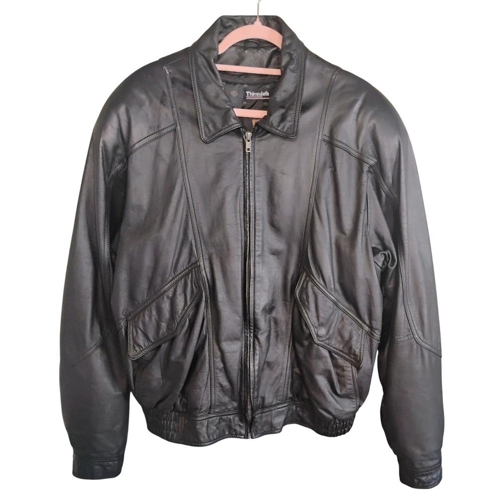VTG Byrnes & Baker Mens Black Leather Bomber Jacket XL Long Thinsulate Lined